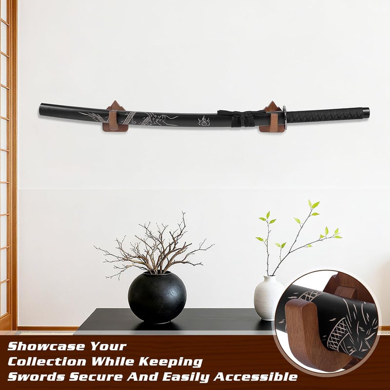 CharmFields Store Sword Wall Mount Display Hooks, Wooden Sword Holder Rack, Katana Display Stand and Hangers for Martial Arts Weapons, Wizard Wand, Knife, Axe, Dagger, Home and Office Decor - Reddish Brown - Image 5